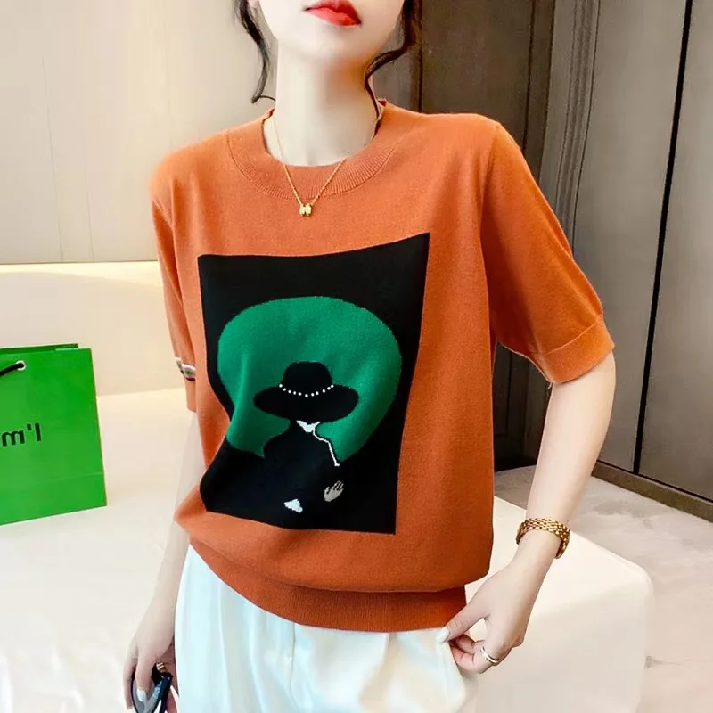 Knitted Tops Women Short Sleeve T Shirt Thin Ice Silk O Neck Tshirts Female Summer Casual Loose Woman Clothes Tees Shirt Femme