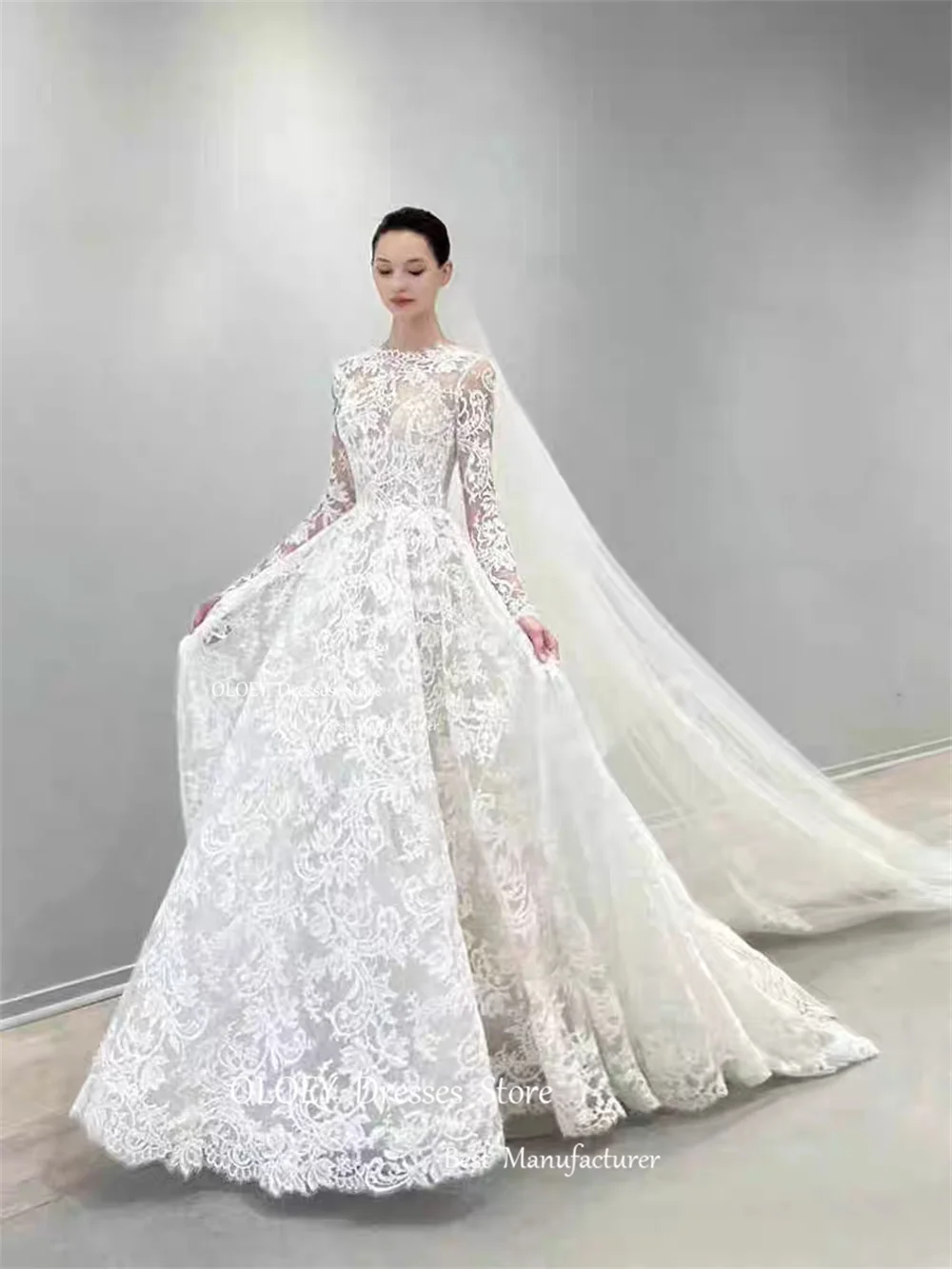 OLOEY-Bordado Renda Marfim Vestidos De Casamento Para Mulheres, Longo Vestido De Noiva, Linha A, Até O Chão, Trem De Varredura, Mangas Compridas, Vestido De Noiva Personalizado