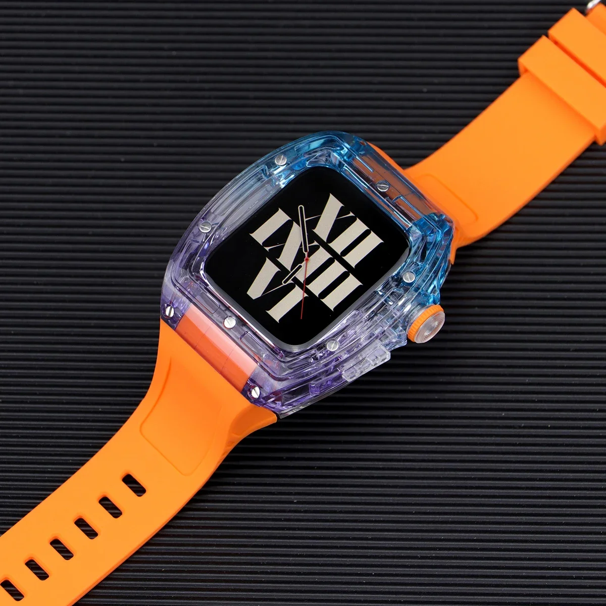 مجموعة تعديل حافظة شفافة لساعة أبل الترا 49 مللي متر غطاء جليدي لساعة iWatch 9 8 7 45 مللي متر 6 5 4 SE 44 مللي متر حزام سيليكون