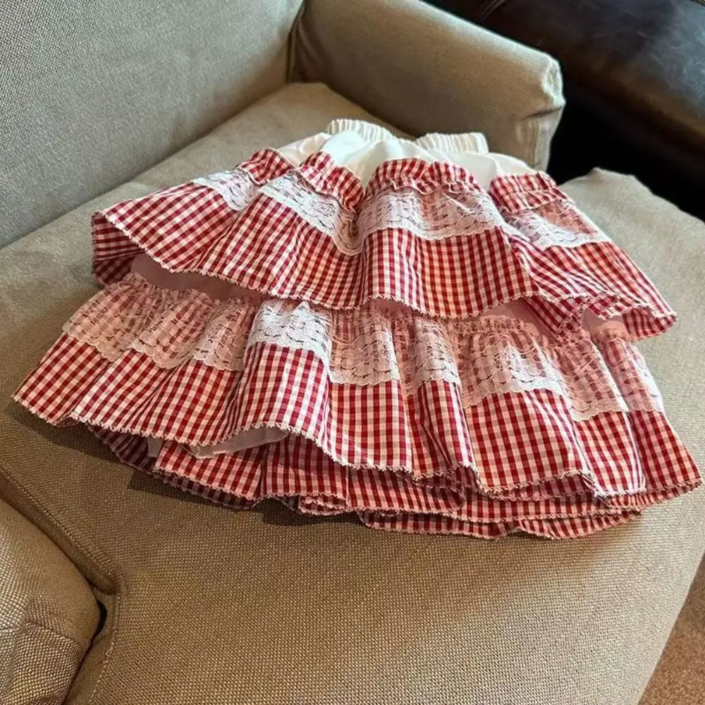 スイートロリータレース格子ケーキスカートハイウエストフリルJK Aラインショートスカート安全パンツ付きスイートレースプリーツミニスカート女の子用