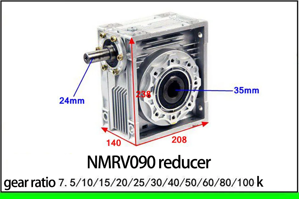 7.5:1-100:1 NRV90 Shaft Input Worm Gear Reducer, Input Shaft 24mm Output Hole 35mm, RV90 Hand Crank Turbine Reducer