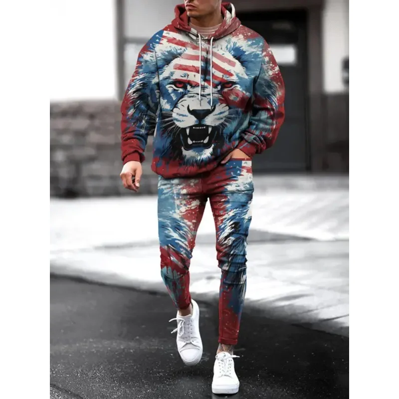 

Unisex Adult 3D US-Flag Animal Lion Print Hoodie Pants Two Pieces Tracksuit Men Women Novelty Sweatshirts Joggers Sweatpants Set