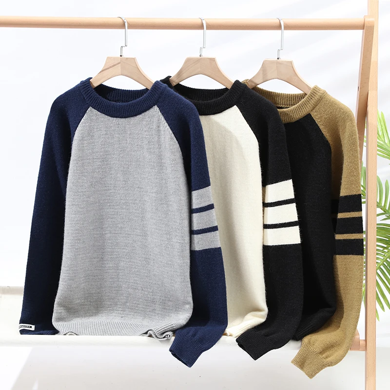 

Crew-neck casual sweater, men's color contrast base shirt, thick long-sleeved wool T, all-match sweater, crew-neck pullover