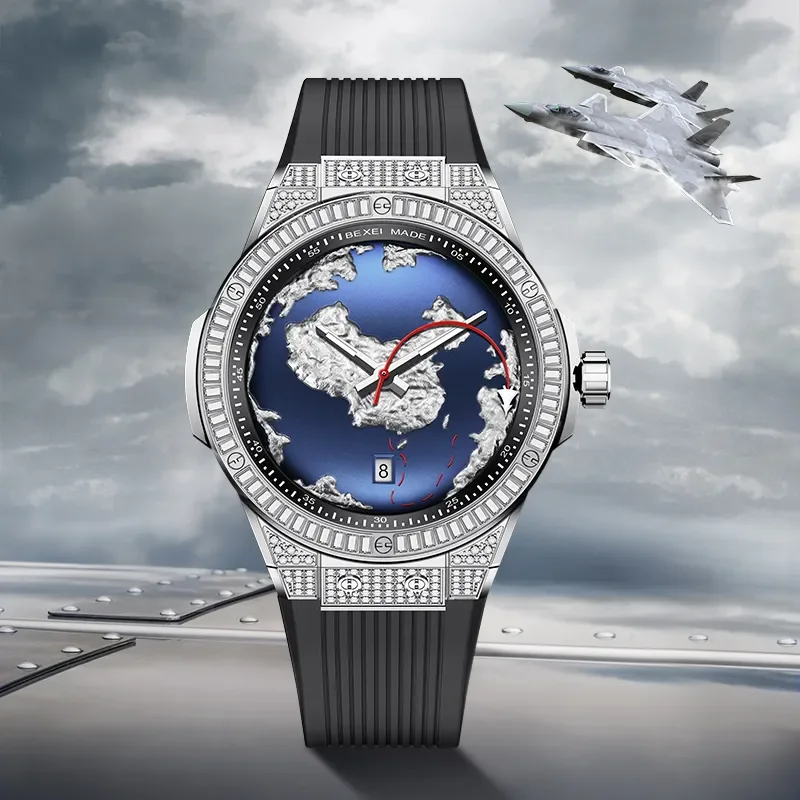 Bexei Automatik-Herrenuhr 9180, Zifferblatt mit Erde und Meer, mechanisches Skelettwerk, leuchtende Uhren für Herren, wasserdicht, mit Kalender