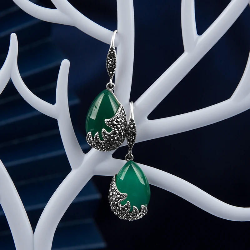 YYSuniee S925 Sterling Silver Synthetic Green Agate Water Droplet Women's Earrings Large Earrings Earrings Earrings Birthday