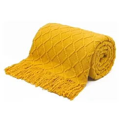 Mustard Gift Throw Blanket with Fringe Geometric Bed Gold Yellow Throws Breathable Large Throw for Couch Sofa Indoor Outdoor
