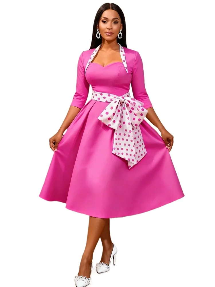 Rose Patchwork Dot Bow Dress Women Sweetheart Neck Elegant Vintage A-line Midi Dress with 3/4 Sleeve Party Casual Outfit 2026New