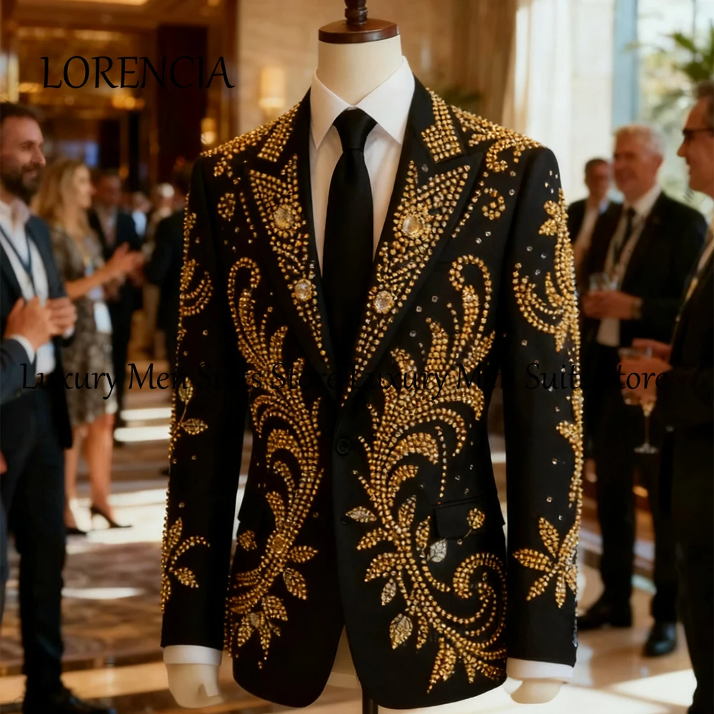 

Блестящие золотые бриллиантовые мужские костюмы, комплект из 2 предметов, однобортный свадебный смокинг для жениха, индивидуальный пиджак, брюки, халат mariage femme