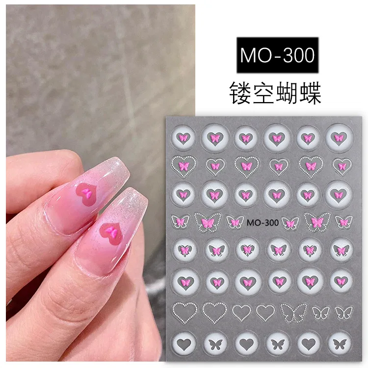 Autocollants 3D pour Nail Art, décalcomanies, creux, blanc, rose, papillon, arc, étoile, amour, coeur, adhésif, manucure, ornements, instituts, 1/3 feuilles