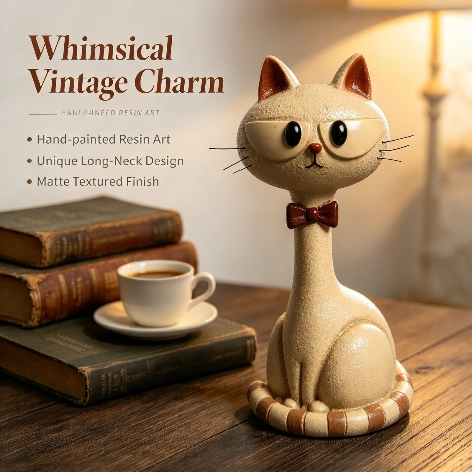 Vintage Cat Statue Sculpture Resin, Figurine Cute Long Neck Kitty, Home Decor Living Room Table, Ornament Birthday Gift For Her