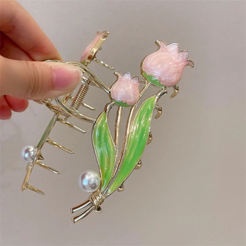 2022 Fashion Lily of The Valley Flower Tulip Metal Pearl Hairpin Girl Shape Ponytail Hair Claw Decoration Shark Clip Headgear