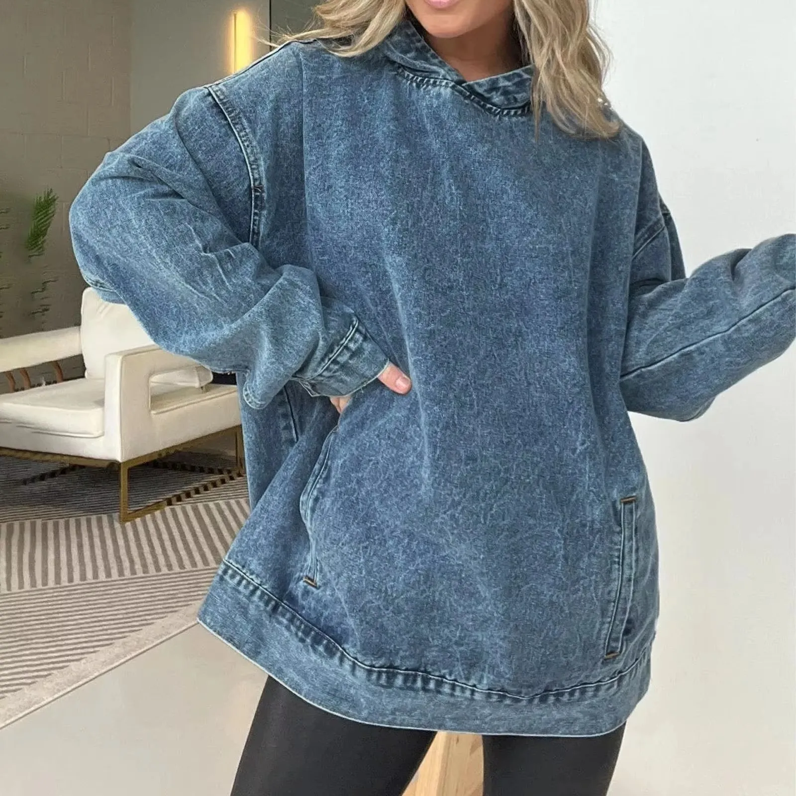 Midiross dames lente nieuwe mode effen kleur losse trui met capuchon denim hoodie hipster denim hoodie met lange mouwen