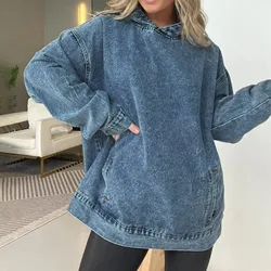 Midiross Women's Long Sleeve Hooded Jumper Loose Fit Solid Color Denim Hoodie Hipster Style Spring Fashion