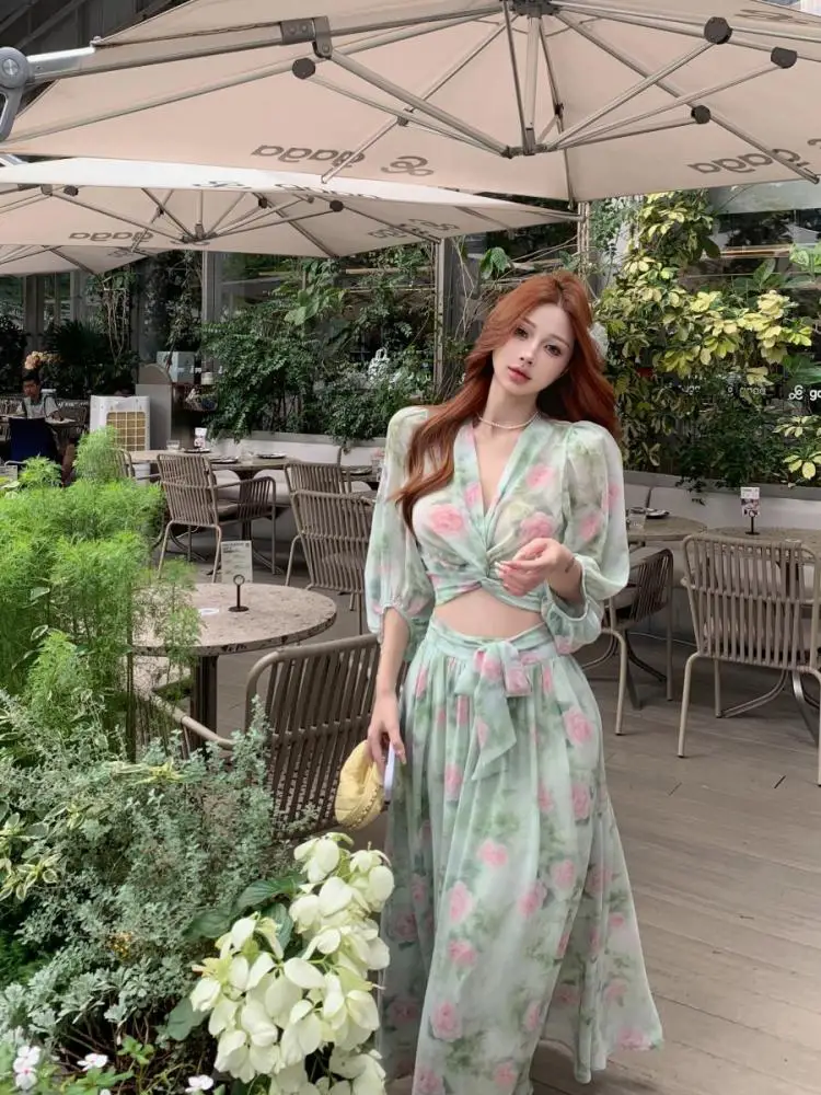 

Летние женские французские зеленые розовые цветочные топы с v-образным вырезом, элегантные топы с длинными рукавами и повязкой на талии, плиссированная длинная юбка, комплект из двух предметов в стиле бохо