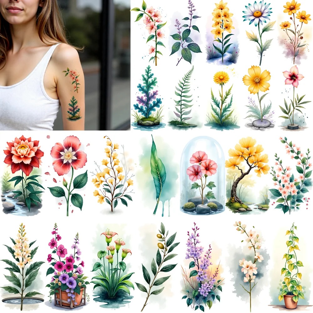 

9 шт. временных татуировок с цветочными узорами, акварельные цветочные татуировки, водостойкие, долговечные наклейки для тела, для груди, рук, щек