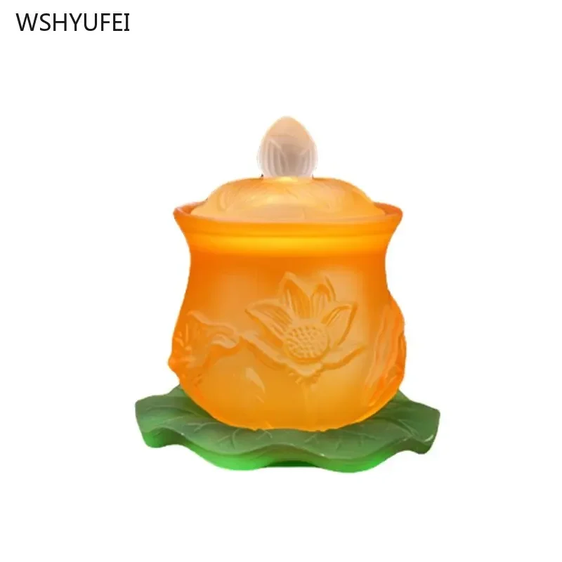 Colored glass three-dimensional relief lotus water supply cup, household Buddhist temple, temple, home offering decoration