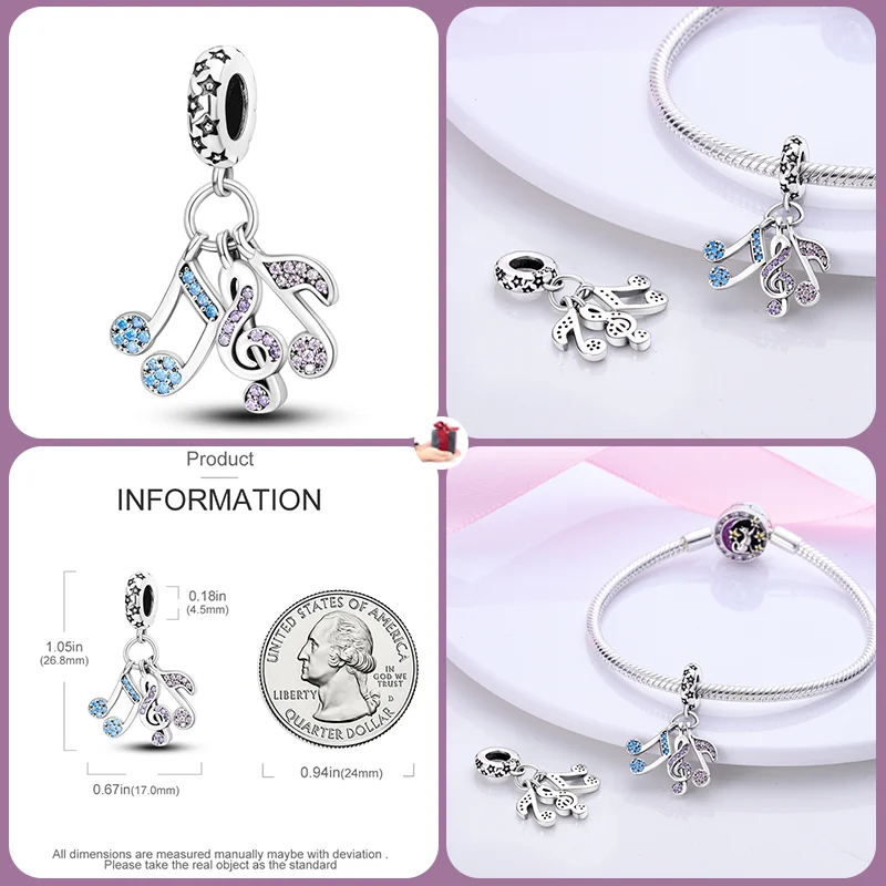 Cuentas elegantes de Plata de Ley 925 para pulsera Pandora Original, joyería fina para fabricación de regalos, Serie de música, violín y guitarra