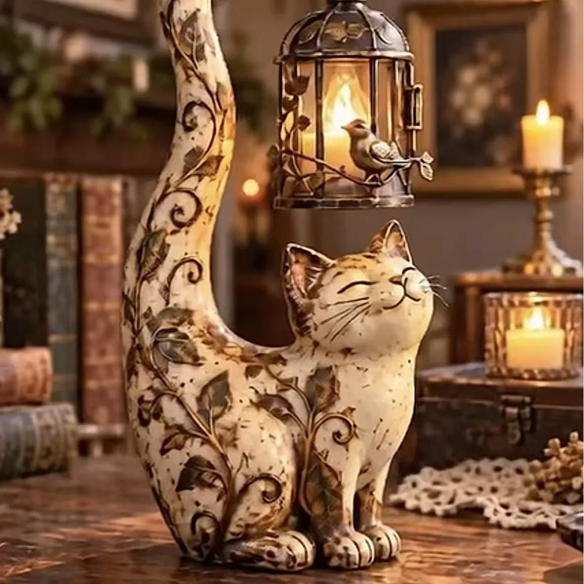 Vintage Cat Lantern Night Light Resin Animal Figurine Cute Fairy Garden Decor Whimsical Home Desk Ornament Cat Lover Gift