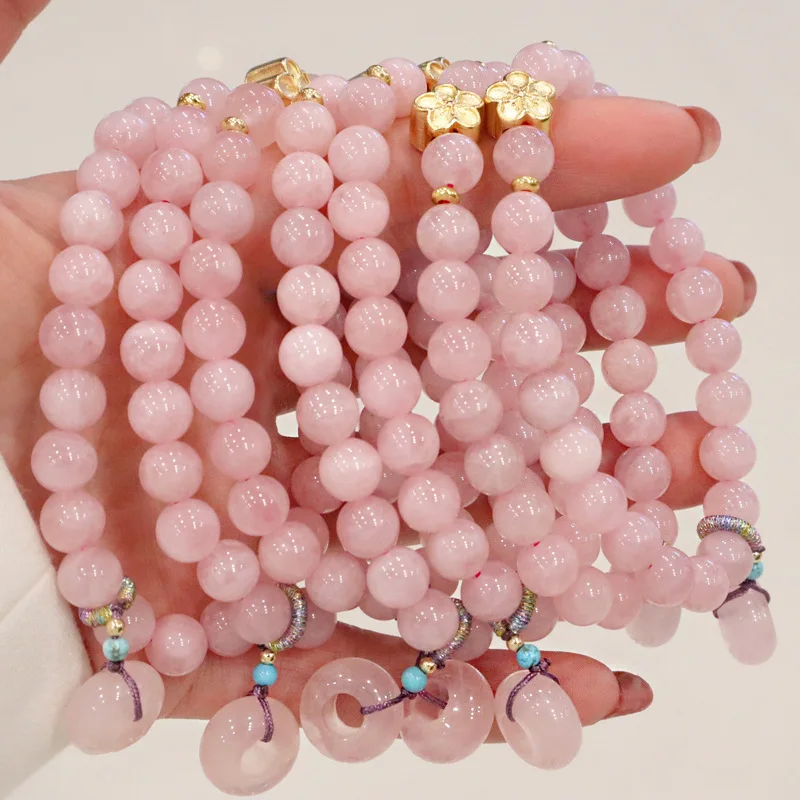 Minar Korean Fashion 8mm Pink Color Natural Stone Crystal Peace Buckle Flower Beaded Strand Bracelets for Women Anniversary Gift