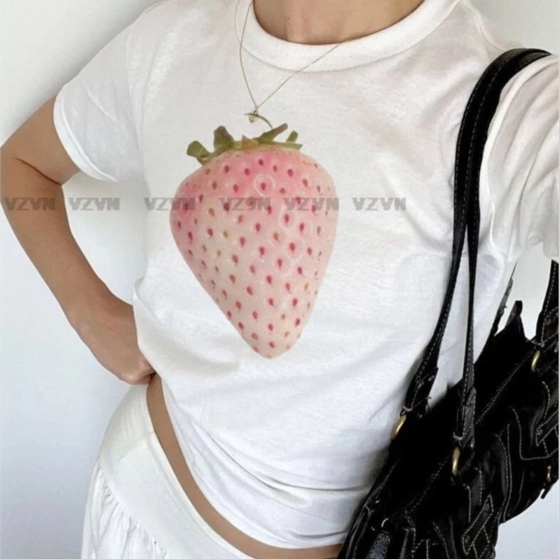 

Y2k kawaii Pink Strawberry printed Baby Tee Summer Women cute Harajuku Slim Vintage t-shirt Emo Aesthetic Crop Tops