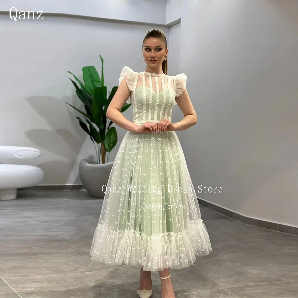 

Qanz Fairy Green Tulle Prom Dresses Short Cap Sleeves Formal Evening Gown Dresses 2024 A Line Tea Length Party Dress Customized