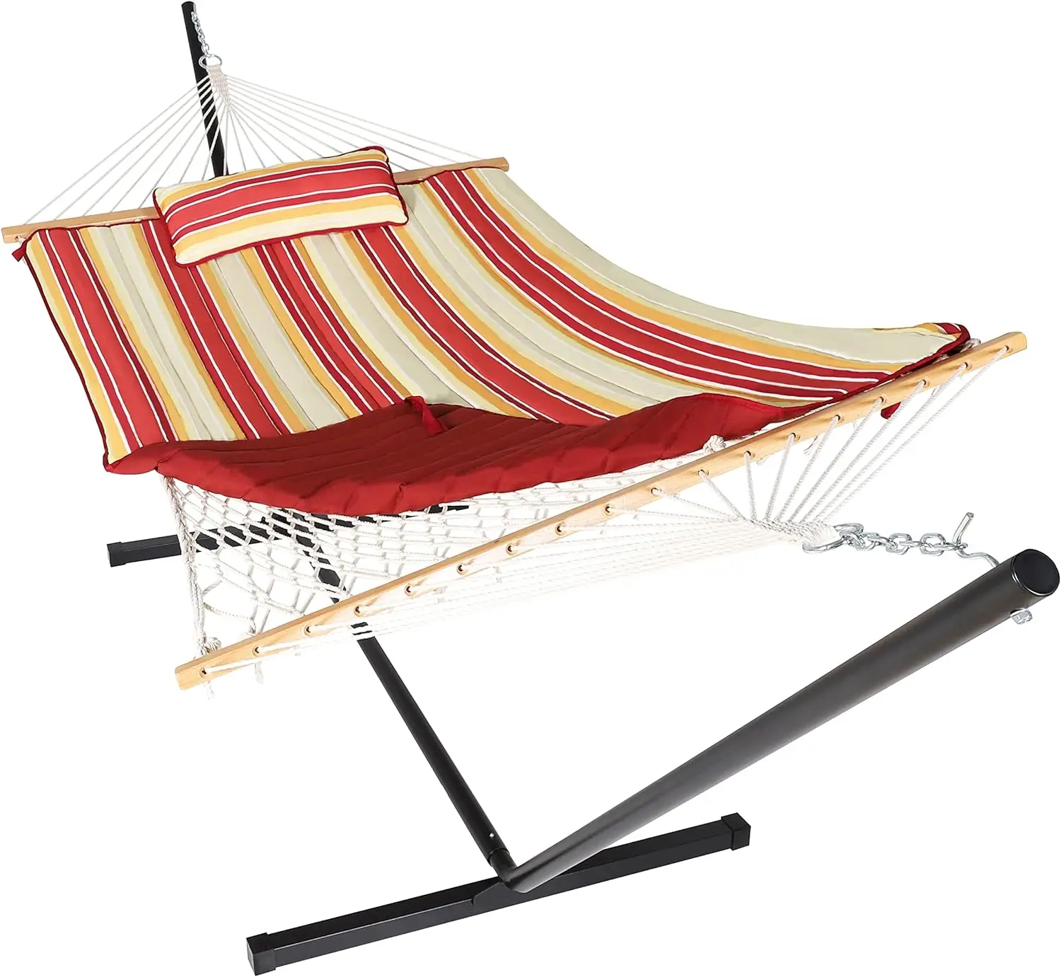Double Portable Hammock with Stand and Pillow  Double Freestanding Quilted 12 ft Hammock with Frame and Spreader Bars in Red