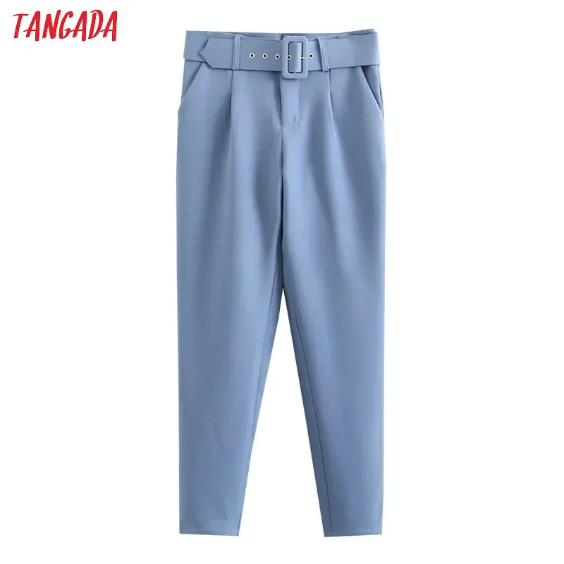 Tangada black suit pants woman high waist pants sashes pockets office ladies pants fashion middle aged pink yellow pants 6A22