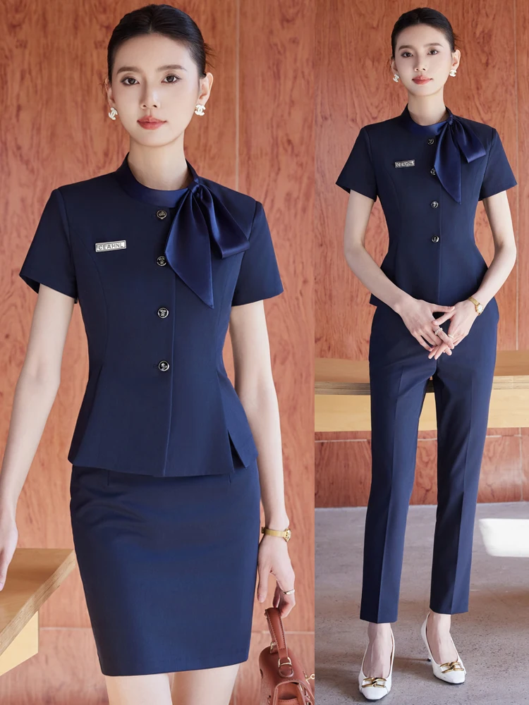

Деловой костюм с коротким рукавом для женщин: униформа для сотрудников ювелирных магазинов, ресепшн, персонала отелей, профессиональная одежда