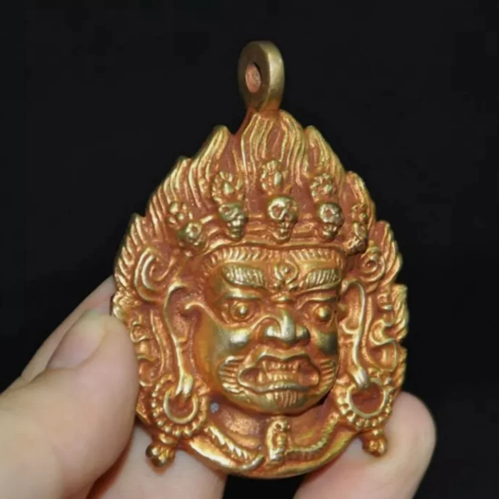 old Tibet Buddhism bronze Gilt Mahakala head statue Amulet periapt pendant