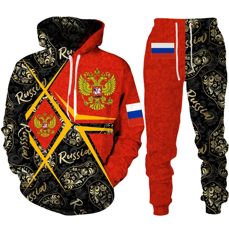 Setelan pakaian lari motif 3D bendera Rusia, Hoodie kasual ukuran besar pria wanita, setelan 2 potong, pakaian jalanan, Emblem Nasional Rusia