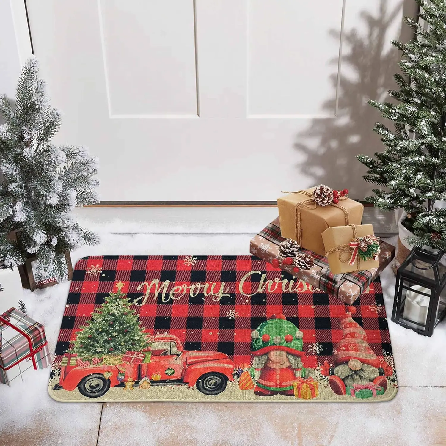 Red Buffalo Plaid Merry Christmas Doormat Xmas Decorative Doot Mat , Seasonal Xmas Gnome Door Mat Non-Slip Washable Low-Profile