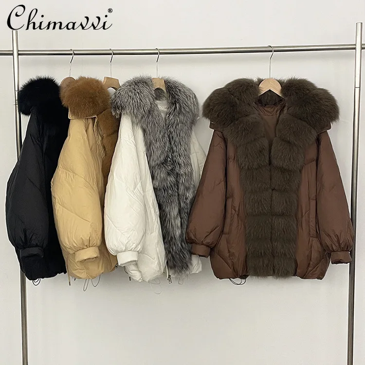 سترات قصيرة غير رسمية على الموضة الكورية للشتاء لعام 2025 بياقة من فرو الثعلب الحقيقي وأكمام طويلة معطف سميك للنساء معاطف خارجية