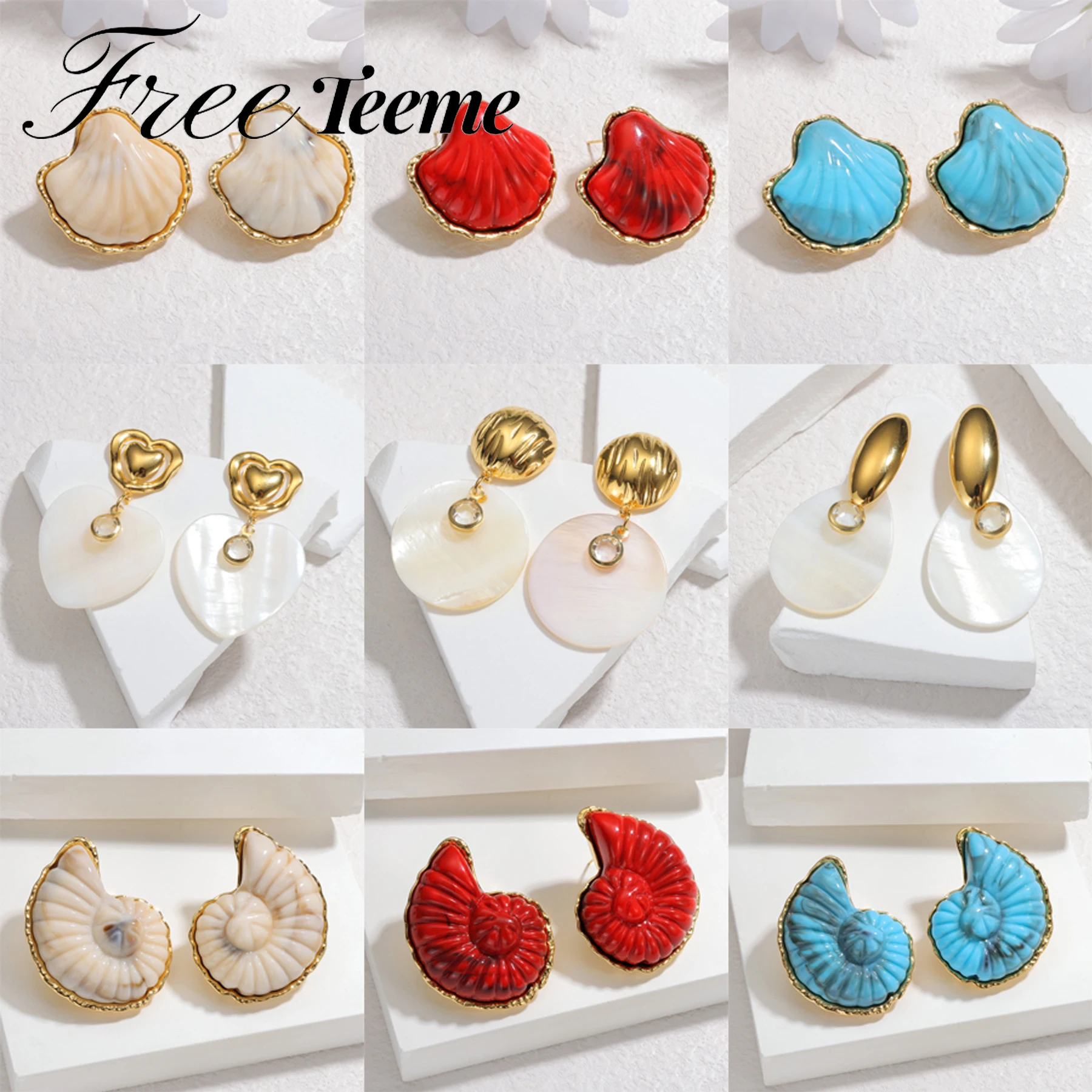 Freeteeme العصرية الذهب اللون الإطار شل محارة وأقراط المحيط سلسلة مجوهرات جميلة ثقب الأذن للنساء هدايا عيد ميلاد