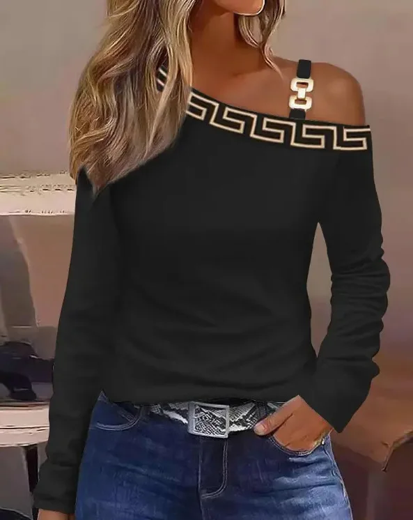 Blusa holgada Sexy elegante para mujer, Tops femeninos de moda con un hombro y cadena calada con cuello colgante y botones estampados, primavera e invierno 2023