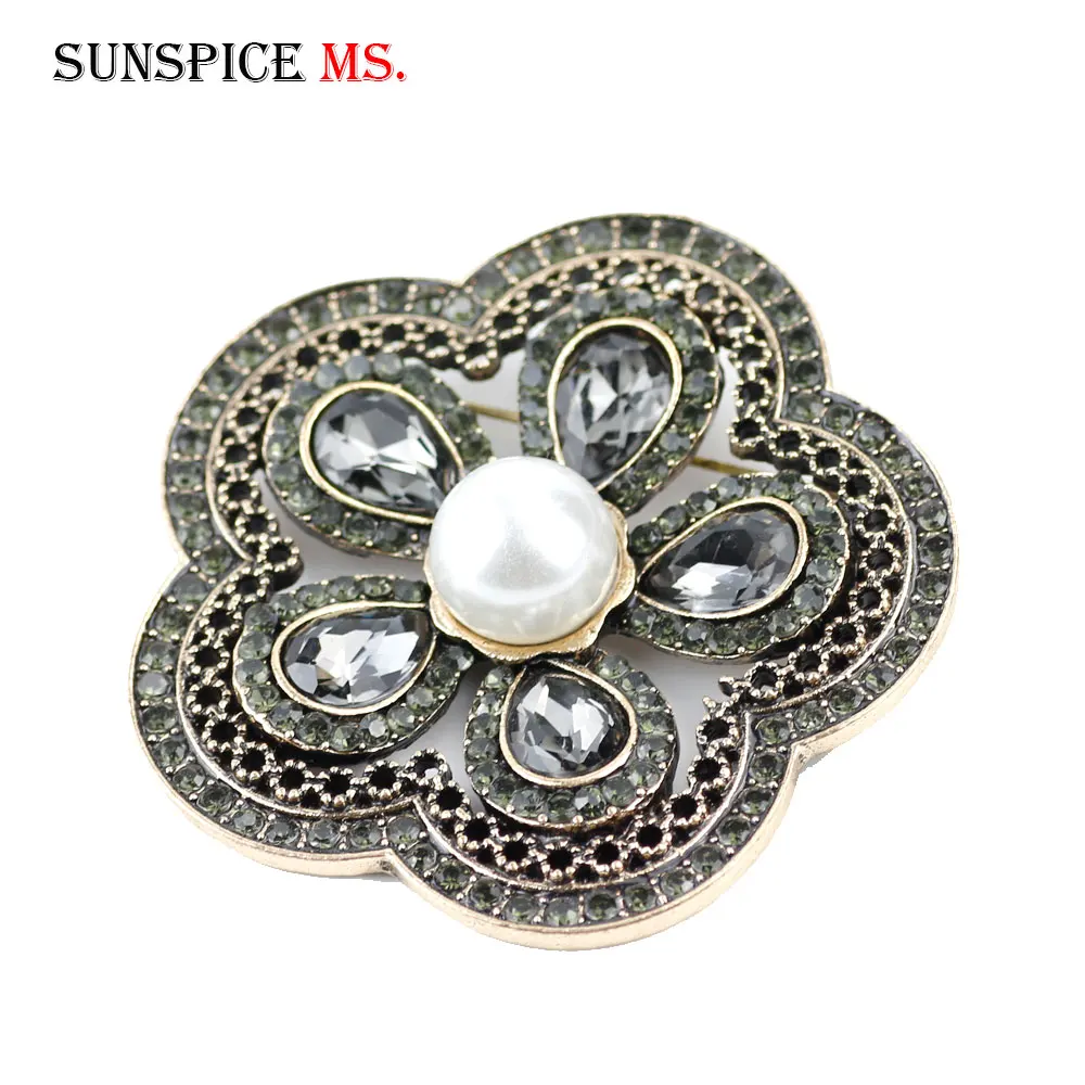 Sunspicems Vintage Gray Crystal Turkish Brooch Pin For Women Ethnic Bridal Jewelry Arab Hijab Scarf Broches Brooch Rhinestone