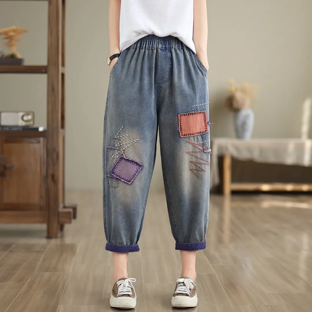 

Vintage Embroidered Jeans Spring Elastic Waistline Women Pants Loose Applique Harem Jeans For Women