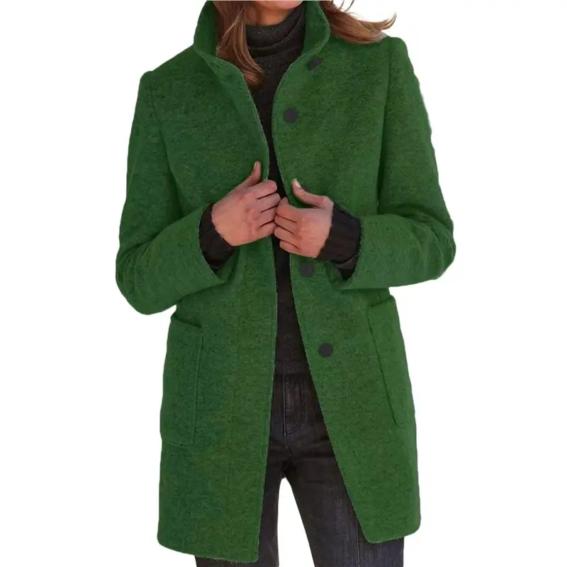 

ABRT-Women Winter Long Pea Coat Wool Blend Stand Collar Single Breast Thicken Blazer Jacket Green S