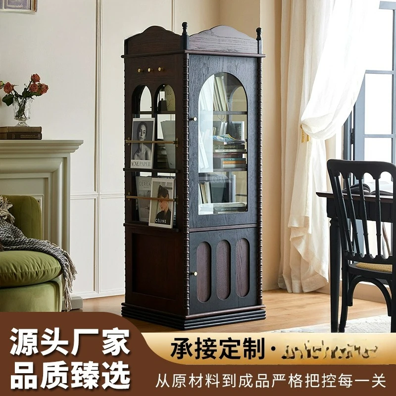 

Customized, French solid wood rotating bookshelf, retro storage cabinet