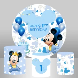 Baby Mickey Mouse Round Backdrop Cover for Boy Baby Shower Decoration Blue Balloons Mickey Happy 1st Birthday Circle Background