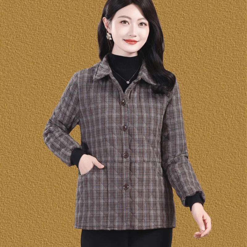 Women Mom Style Plaid Thin Padded Jacket Lapel Casual Short Lightweight Cotton Coat Autumn Winter