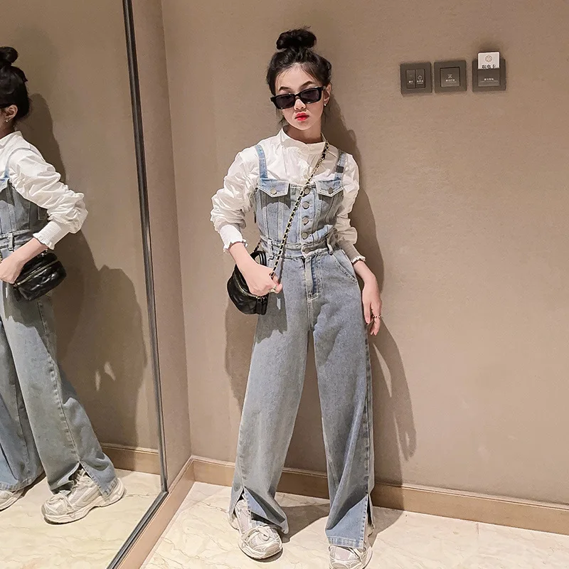 

2023 Korean Spring Autumn School Girl 2pcs Suit Teenager Girl Bubble Sleeve Shirt+Denim Overall Trousers Set For Girld 4-12Yrs