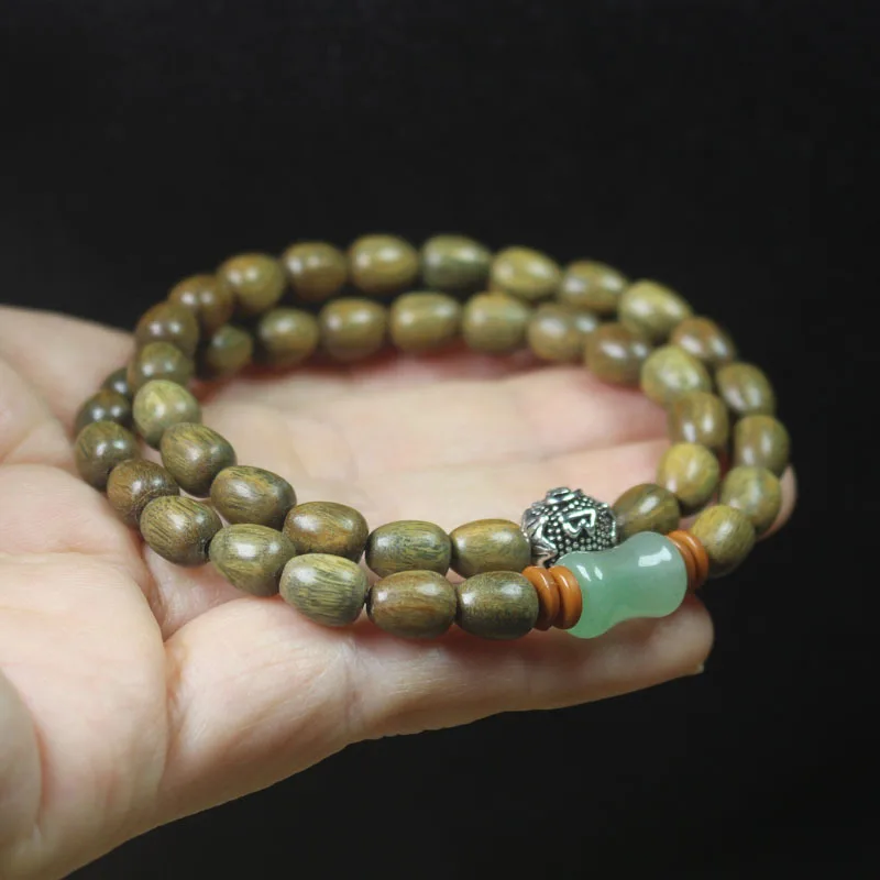 Guajacwood Water Drop Double Circle Buddha Beads Bracelet Green Bamboo Joint Six Words Simple Collectables-Autograph Rosary Gift