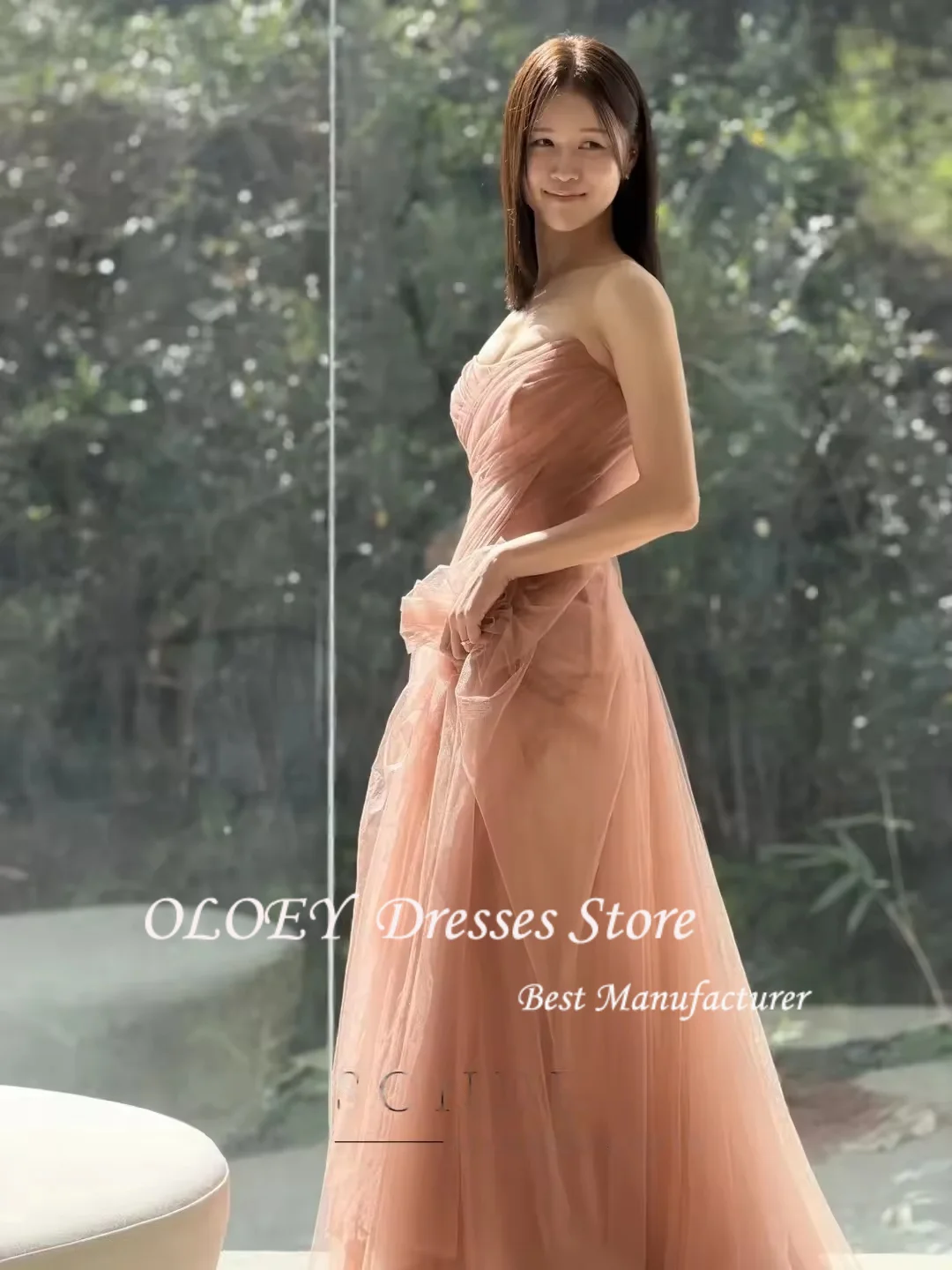 فساتين حفلات الزفاف الكورية الأنيقة من OLOEY كراميل للعروس مخصصة على شكل حرف A بدون حمالات من التل فساتين سهرة ثوب زفاف ذاتي