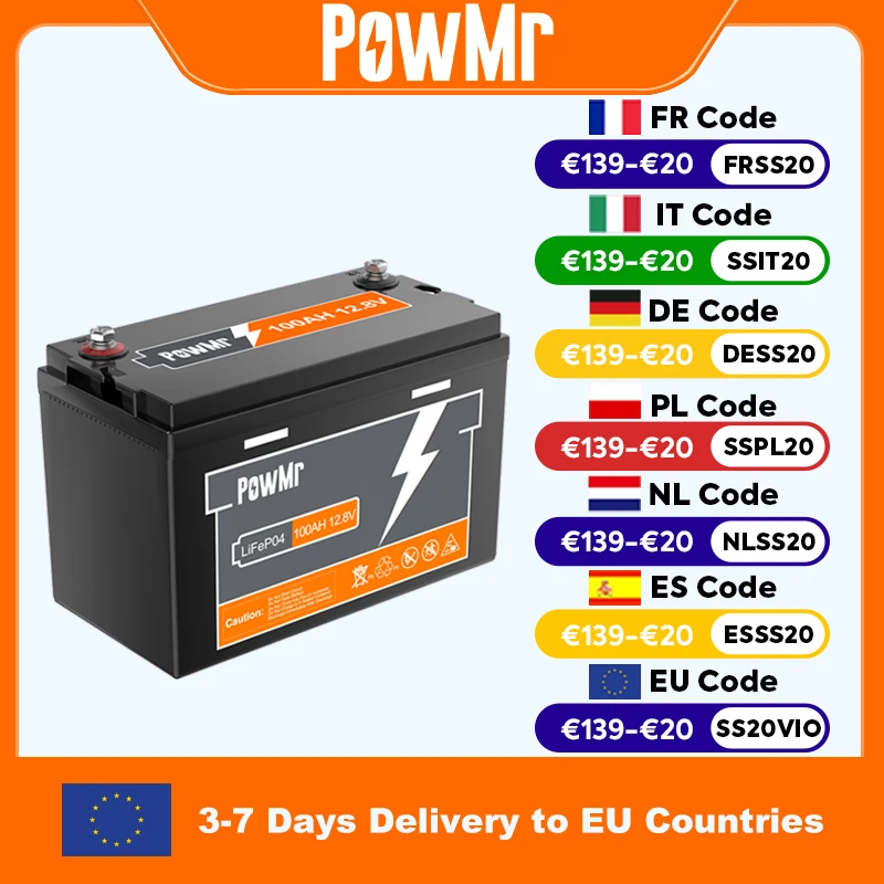 PowMr 300AH 200AH 150AH 100AH Lifepo4 batterie 12V 24V batteries batterie au Lithium solaire Rechargeable BMS Grade A 6000 + Cycle