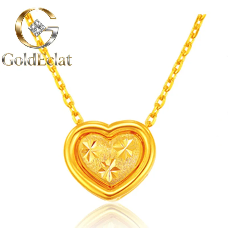 

GoldEclat Luxury 24K 9999 Pure Gold real gold Women's Necklace Heart-to-Heart Pendant