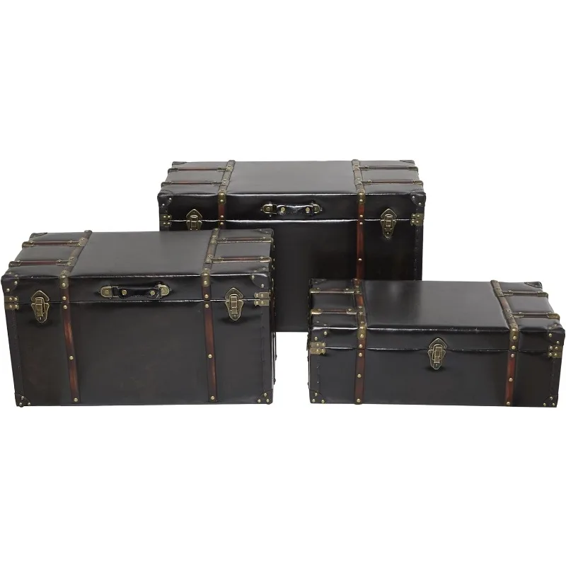 Faux Leather Decorative Trunk Studded Decorative Large Boxes with Latches and Handles, Set of 3 Storage Trunks 32