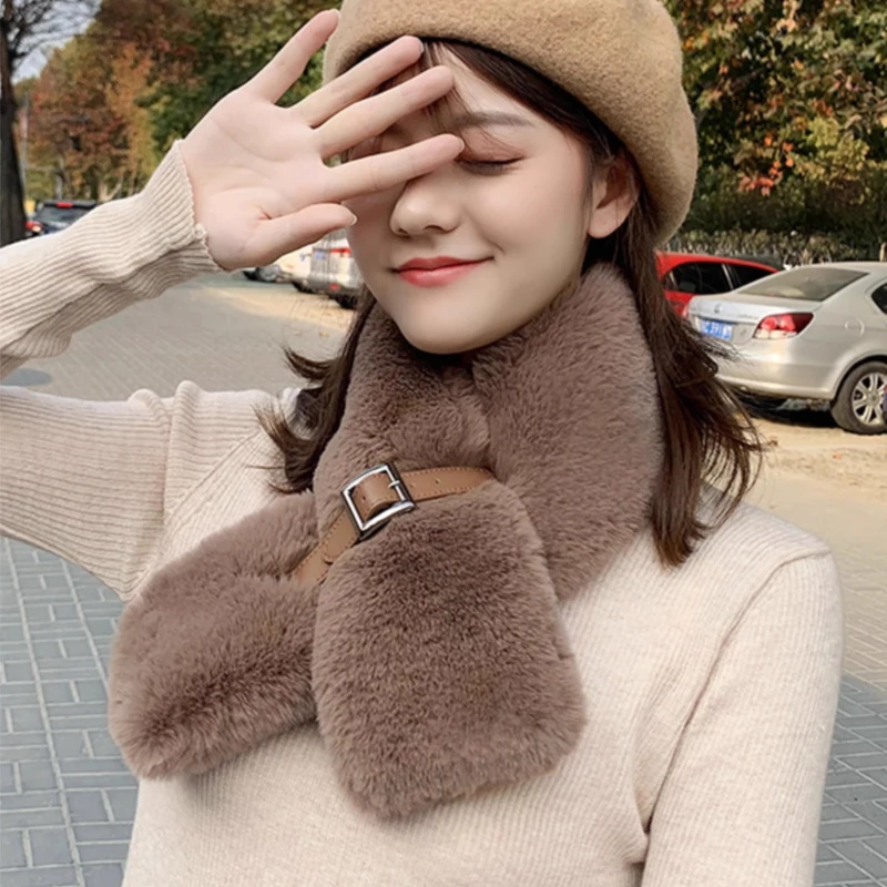 

Winter Faux Fur Scarf Imitation Rabbit Fur Buckle Scarf Women Thicken Warm Plush Furry Fur Scarf Outdoor Neck Warmer