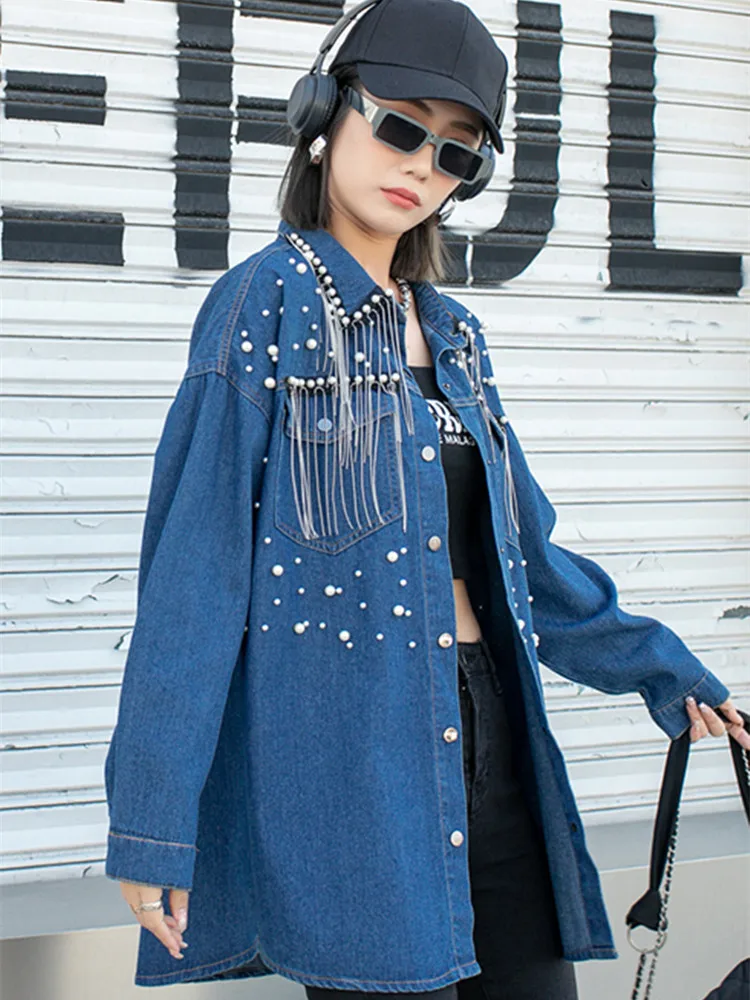 Spring Women Pearls Beaded Tassels Denim Shirts Beautiful Loose Fringed Jeans Blouses Jacket Cowboy Cardigan Long Sleeved Tops