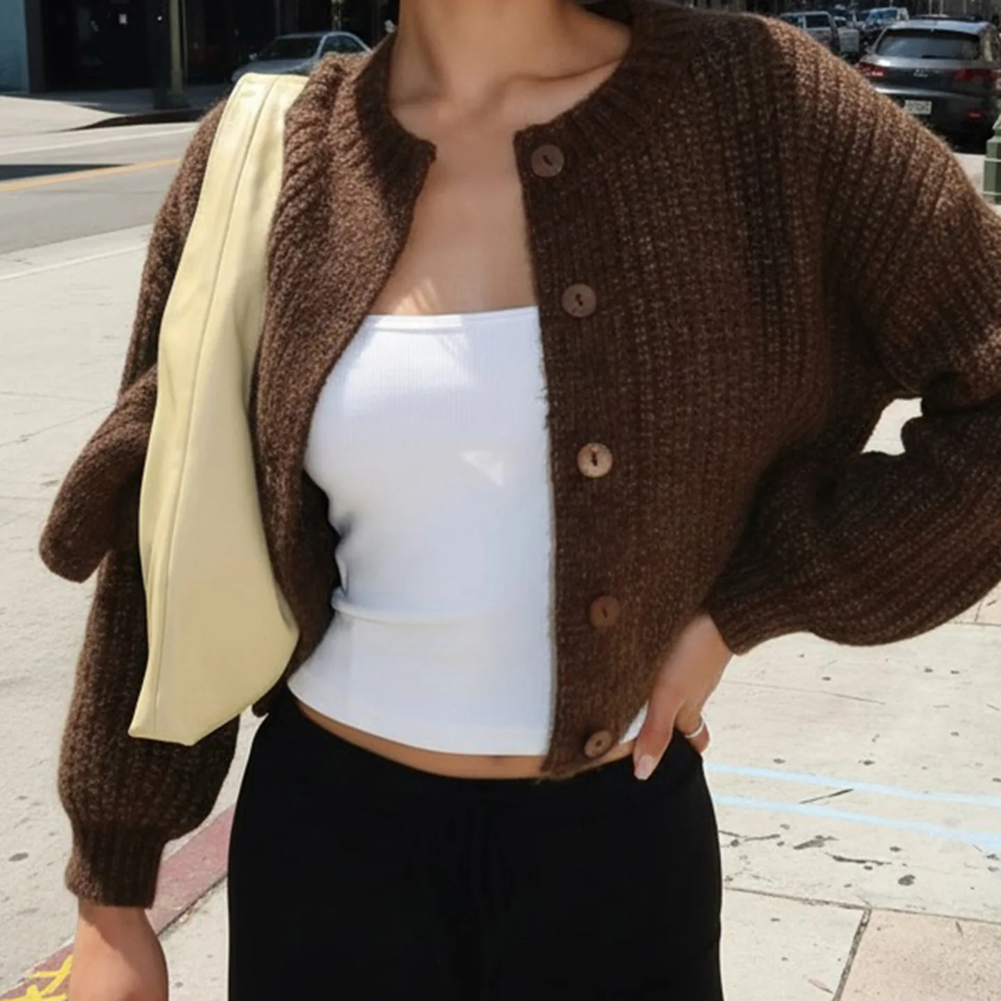 

Zeyla женский осенне-зимний винтажный коричневый вязаный кардиган на пуговицах с круглым вырезом и пышными рукавами, уютное мягкое облегающее повседневное пальто