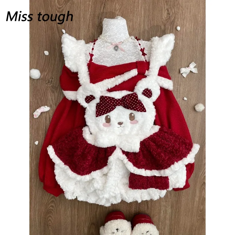 

Рождественские комплекты из 3 предметов в стиле Лолиты, женские зимние кавайные плюшевые плащи с капюшоном, пальто с бантом, мини-платья в корейском стиле Y2k, милый костюм